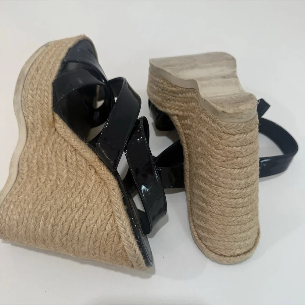 Yves Saint Laurent Espadrille Wedge Sandals Shoes Dark Blue Leather Size 37.5